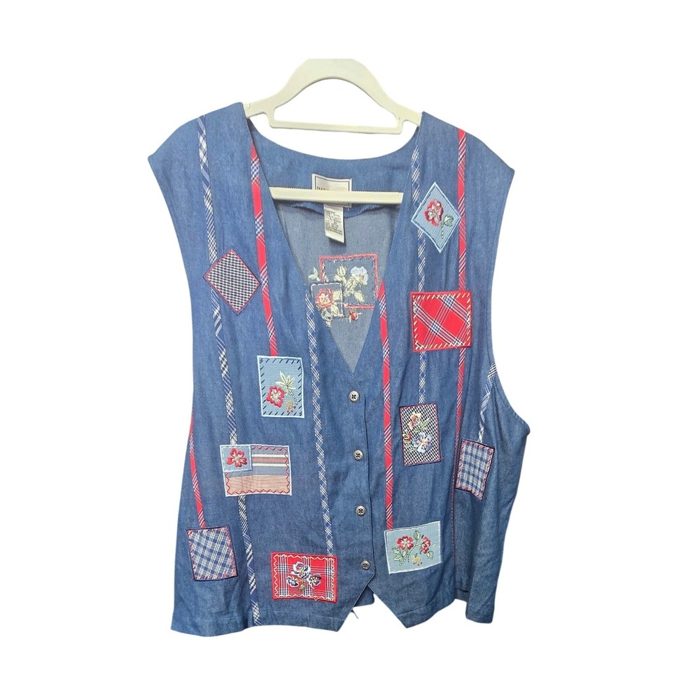 Napa Valley Patchwork Denim Vest Womens 2X Blue Embroidered Floral Plaid Vintage